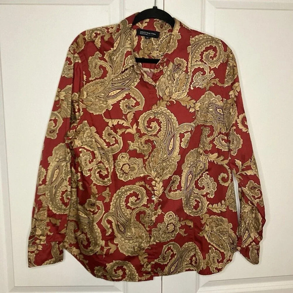 Jones New York Signature Red Gold Paisley Cotton Button Up Shirt Womens 2x - Picture 1 of 4
